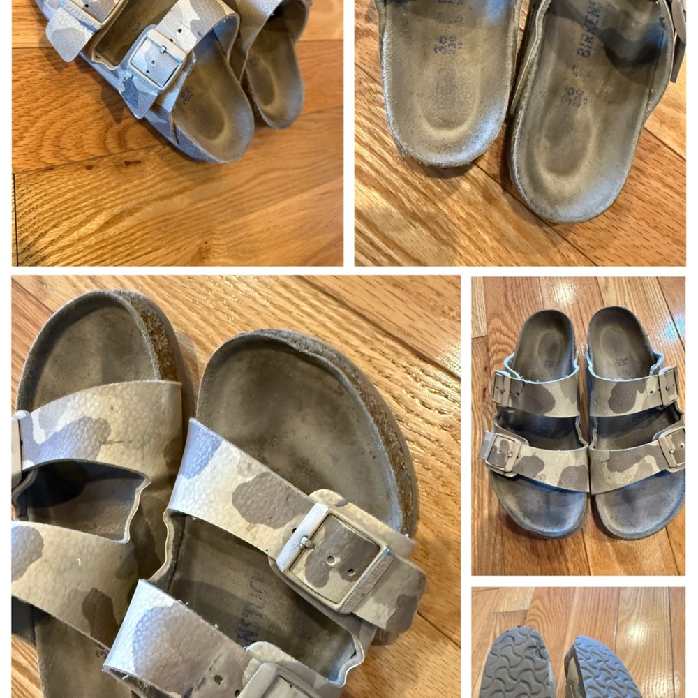 Birkenstock Gray and Tan Sandals with Textured Footbed